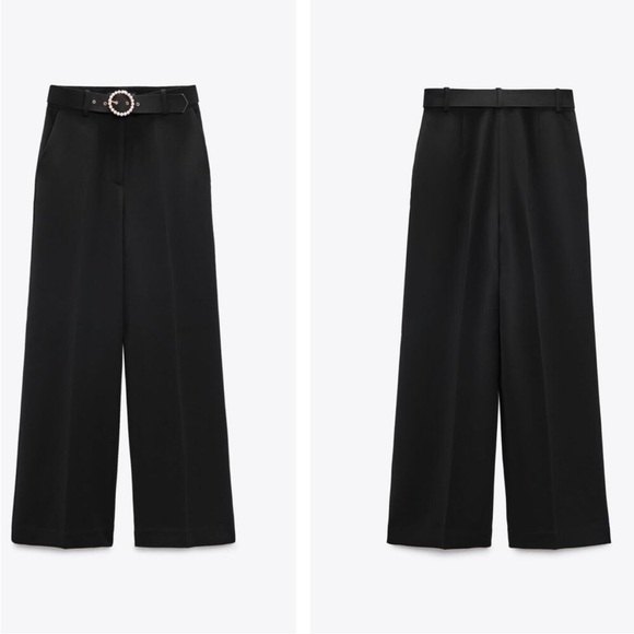 New ZARA Black Belted Wide Leg Drapey Trouser Pants - Picture 11 of 13